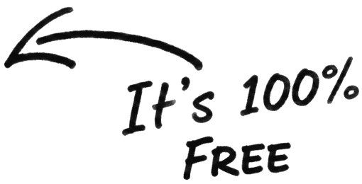 Handwritten arrow pointing to "It's 100% Free" text, emphasizing free services.