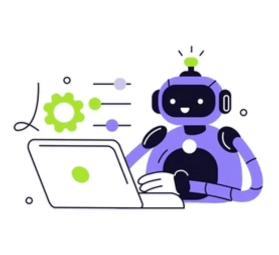 Illustration of an AI assistant robot working at a laptop