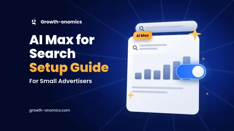 Featured image for the AI Max for Search Setup Guide for Small Advertisers, showing a Google Ads search campaign panel with an AI Max toggle switched on on a deep navy background.