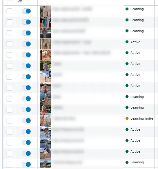 Screenshot of MYA Meta ads with product photo thumbnails and delivery status